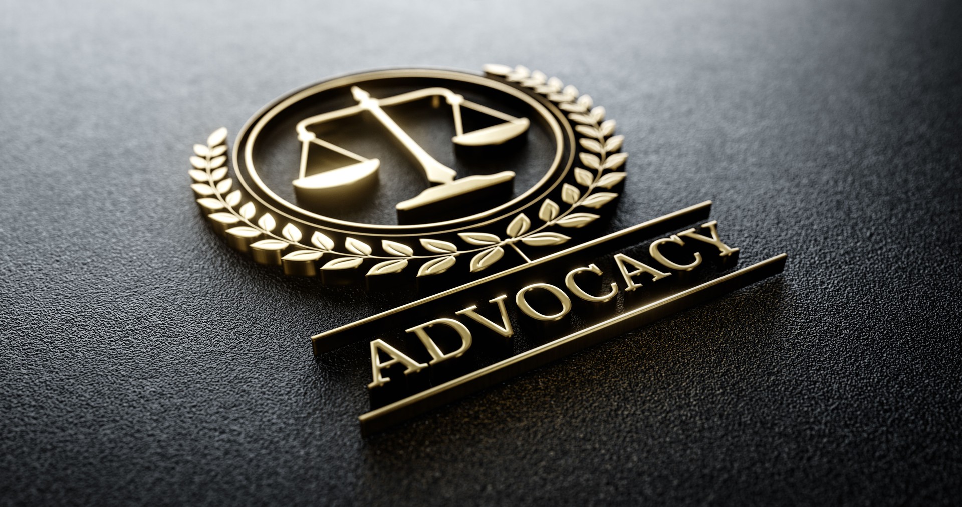Advocacy: Golden Icon with Scales of Justice and text. Law and Legal Concept