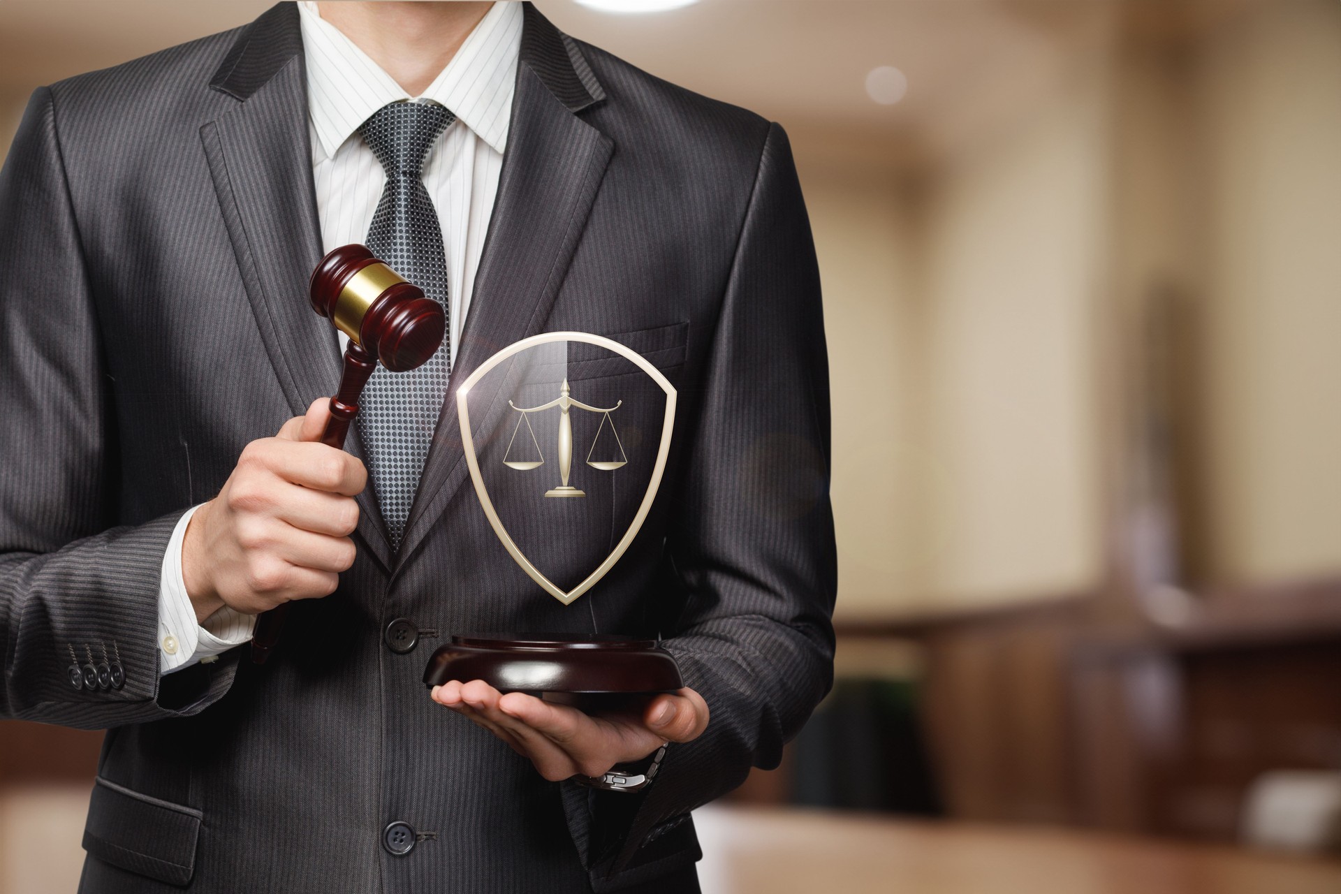 Justice protection symbols in a courtroom setting.